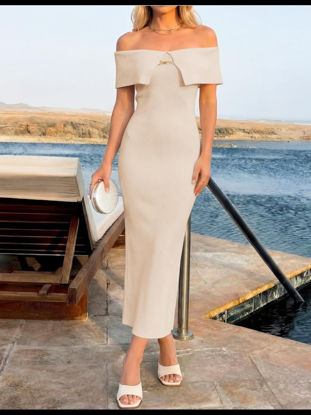 Elegant Off-Shoulder Cream Maxi Dress with Decorative Accent - Picture 3 of 5